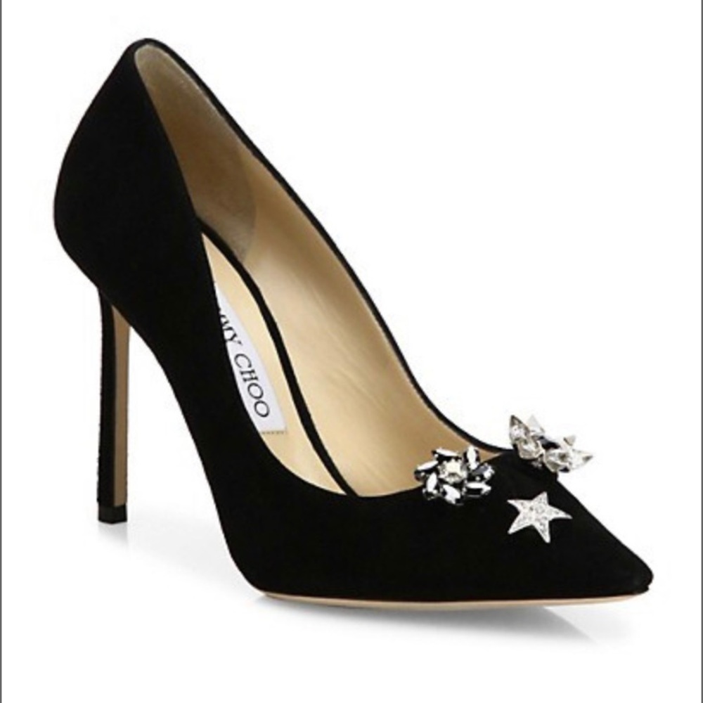 Jimmy Choo Black Suede Crystal Star Embellished Pumps